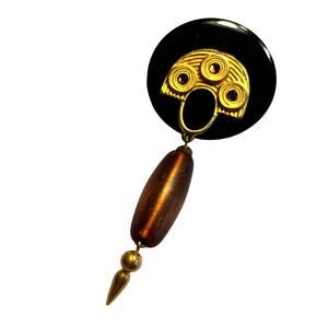Unique brooch artisan made drop dangle brown black gold Art Deco teardrop pin